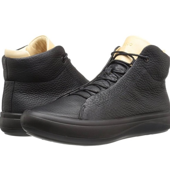 Ecco Kinhin Black/Veg Tan High Top Pebbled Leather Sneakers EU 41